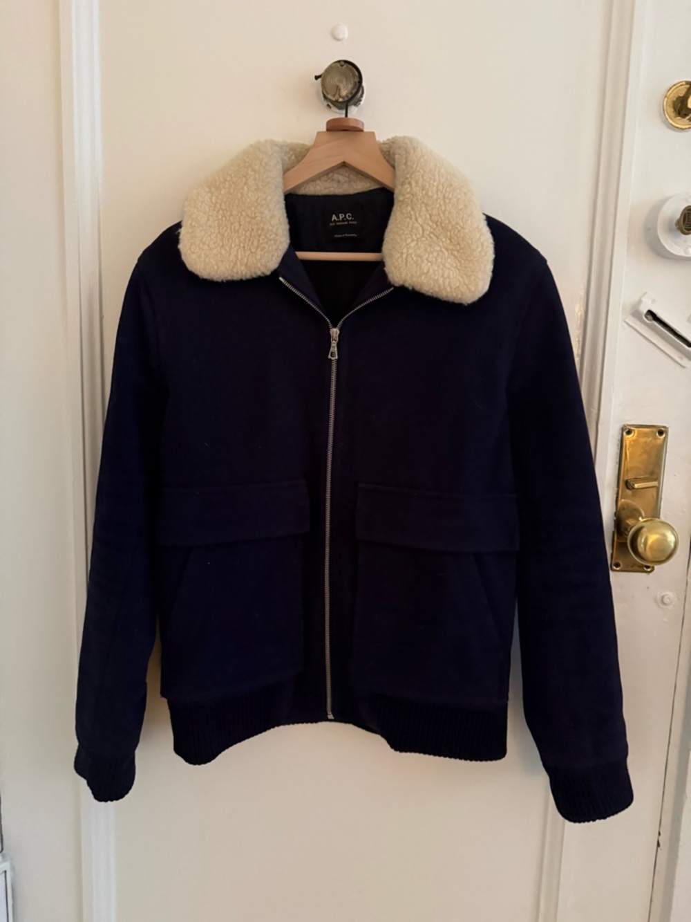 A.P.C. Navy Bomber Jacket with Cream Sherpa Collar